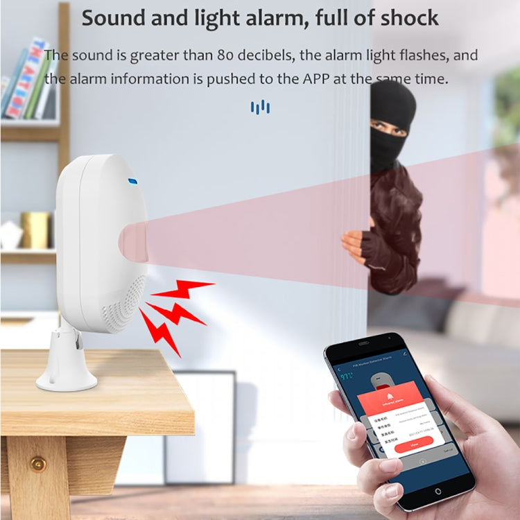 Tuya WiFi PIR motion sensor alarm, white device with blue LED status light