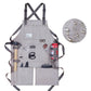 Light gray canvas work apron with crossed back straps and tool holder pockets