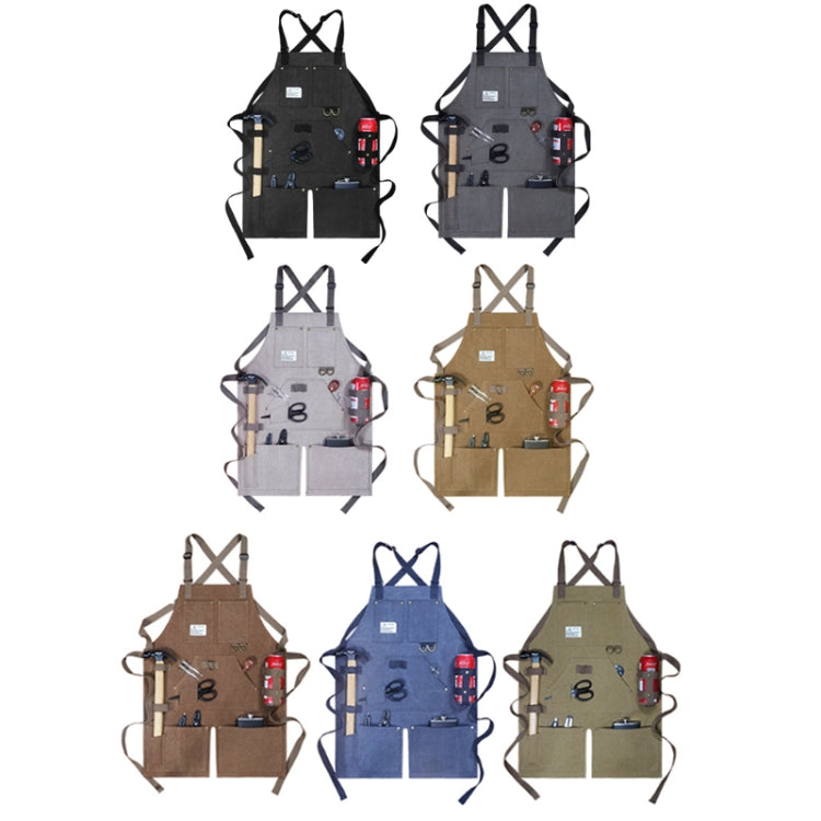 Set of canvas work aprons in multiple colors, each with crossed back straps and pockets
