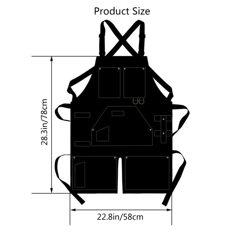 Black canvas work apron silhouette with front pockets and crossed adjustable straps