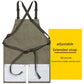 Gray canvas work apron with wide crossed straps and two front pouch pockets