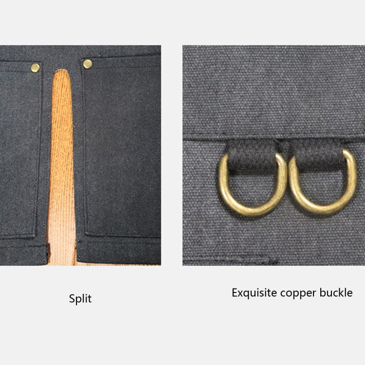 Canvas work apron with split panel, brass grommets, and stitched pocket edge