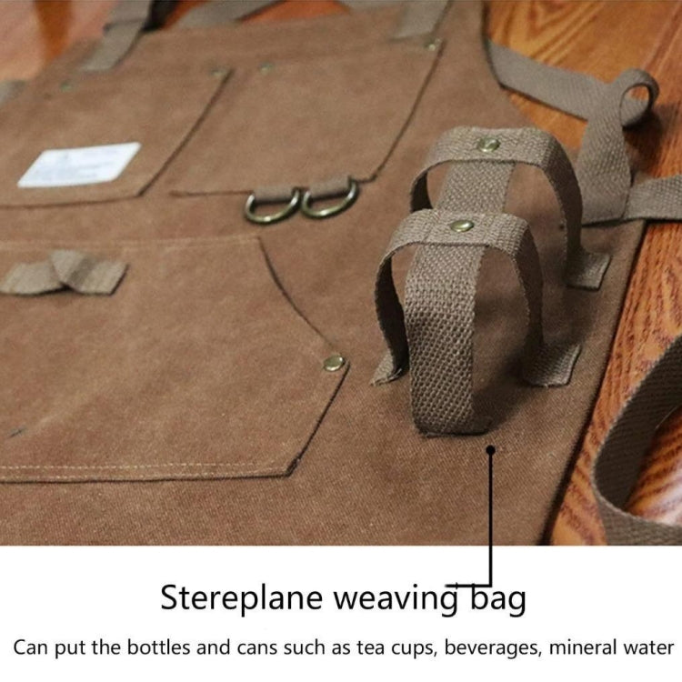 Canvas work apron with bottle-holder pocket and adjustable canvas straps