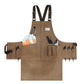 Camel brown canvas tool apron with tool pockets, center pen holder, and adjustable straps
