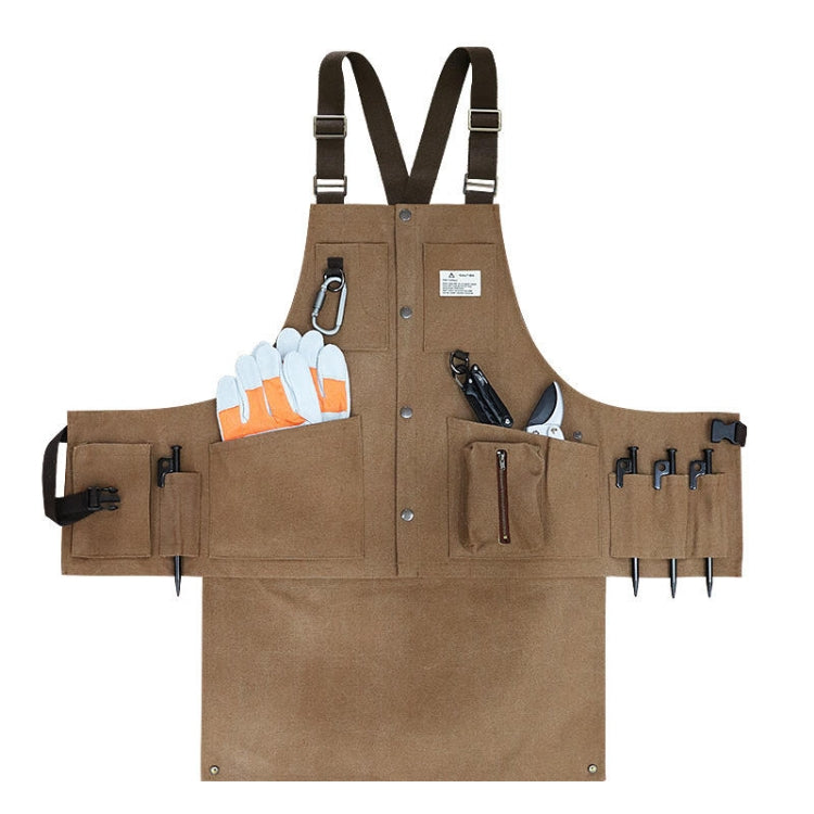 Camel brown canvas tool apron with tool pockets, center pen holder, and adjustable straps