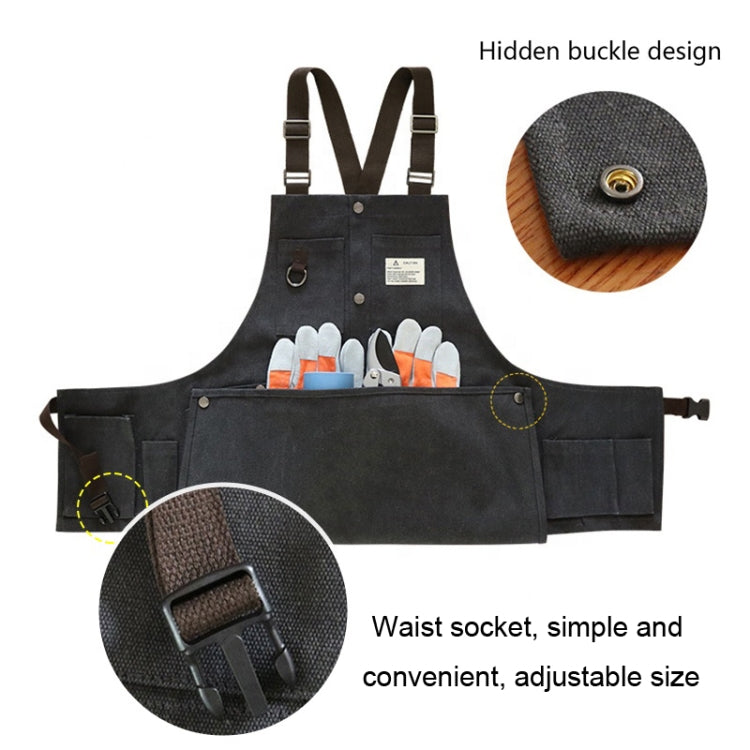 Dark canvas tool apron with adjustable suspenders, front pockets, and hanging tool loop