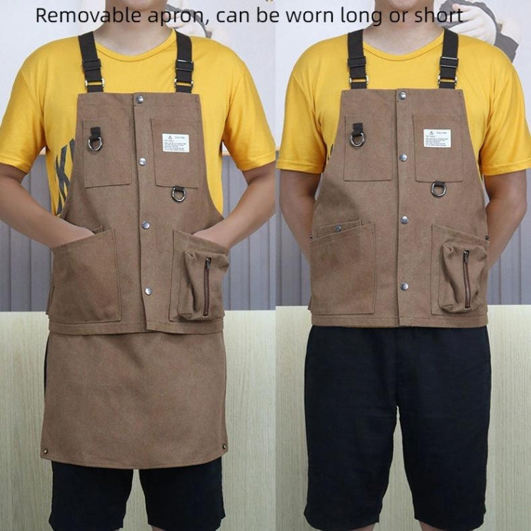 Brown canvas tool apron with snap front, chest pockets, and adjustable straps