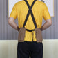 Brown canvas tool apron with back crisscross straps and two front leg pockets
