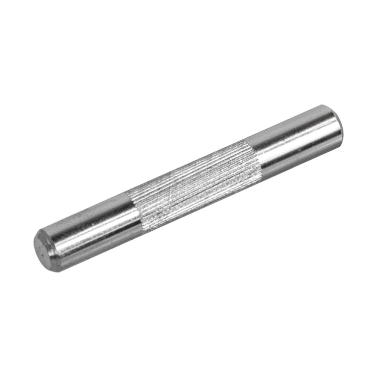 Metal dowel pin with textured grip band between two smooth silver ends