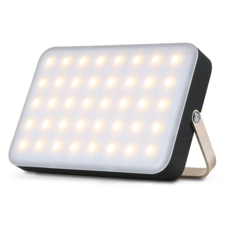 Portable LED camping light with bright square white panel and foldable stand, white and black