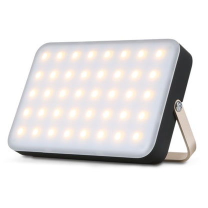 Portable LED camping light with bright square white panel and foldable stand, white and black