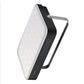 Portable LED camping light side view with handle, slim black base, lit white square panel