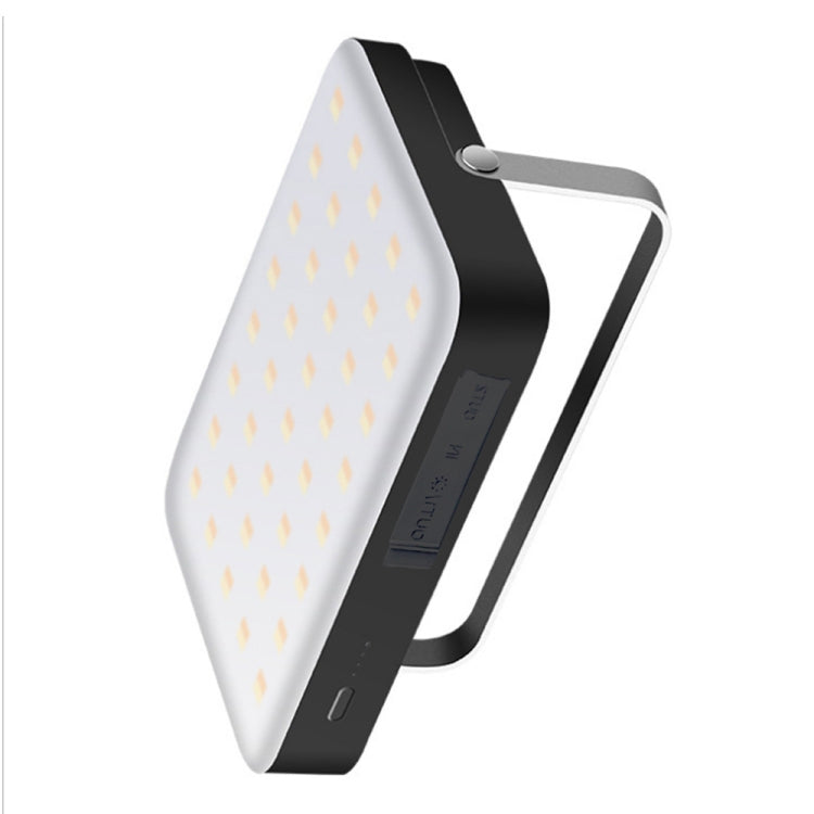 Portable LED camping light side view with handle, slim black base, lit white square panel