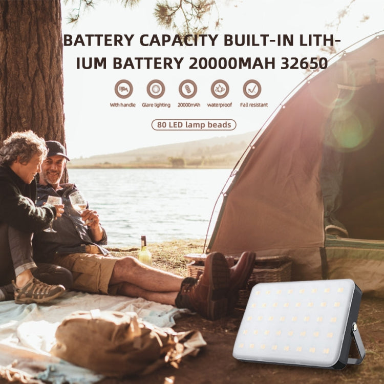 Rechargeable LED camping light with rectangular white panel and foldable stand