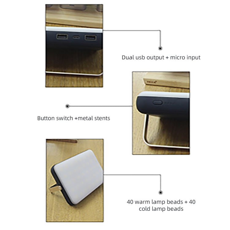 Portable LED camping light diagram showing USB ports, button switch, and metal stents