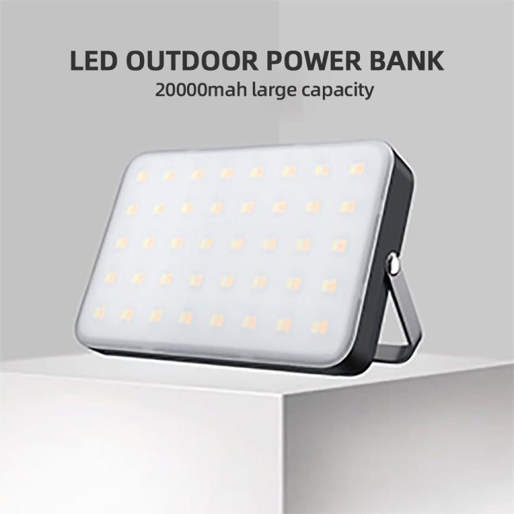 Portable LED camping light with lit white panel and black folding bracket, compact design