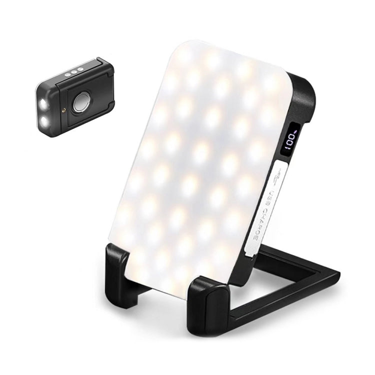 Rechargeable tent light with fold-out stand, bright white LED panel, black body