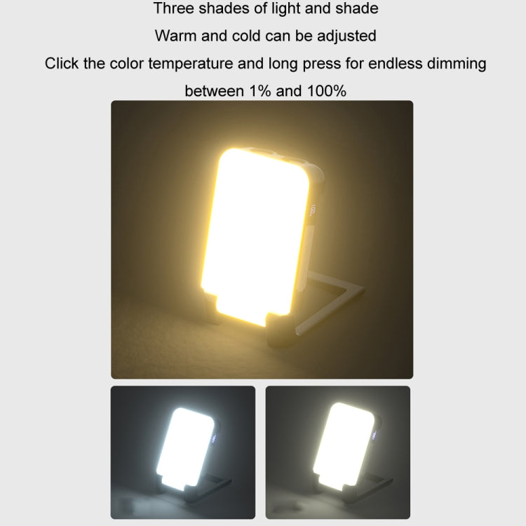 Rechargeable tent light showing warm and cool light modes with bright LED panel