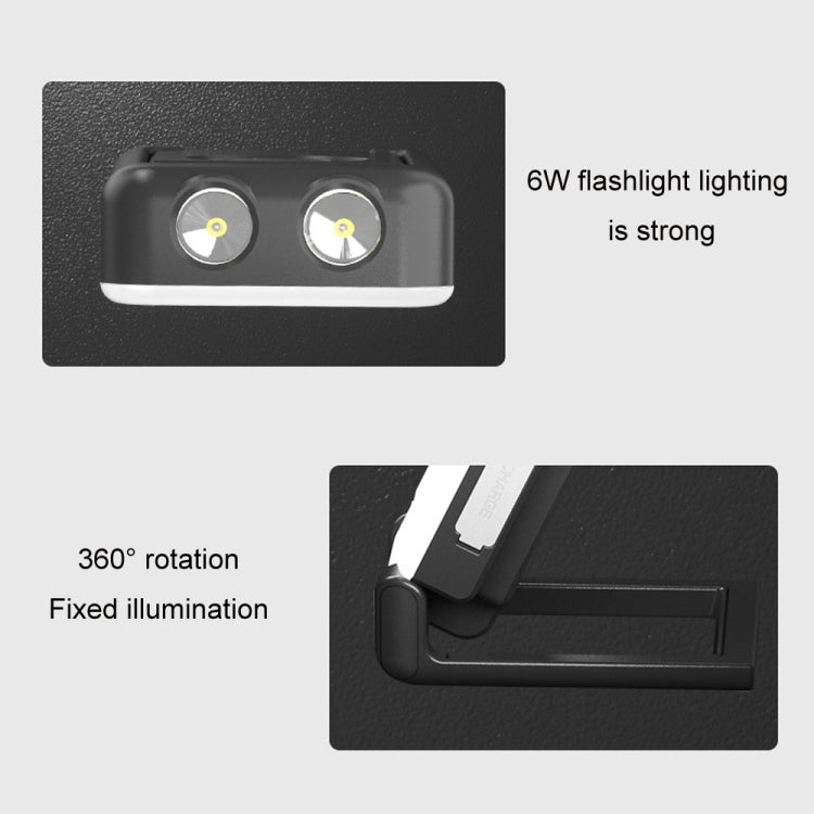 Compact flashlight with twin front lights, 360° rotation base, black body