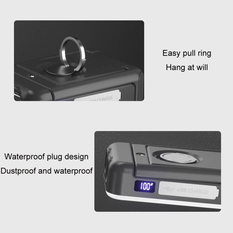 Rechargeable tent light with pull ring hanger and blue-lit display on black base