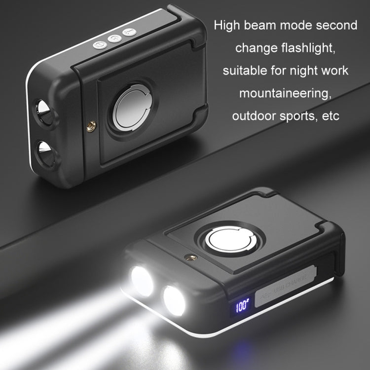 Black flashlight/tent light with top buttons and glowing beam from front lens