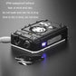 Waterproof outdoor camping light with dual front lenses and glowing screen on black body