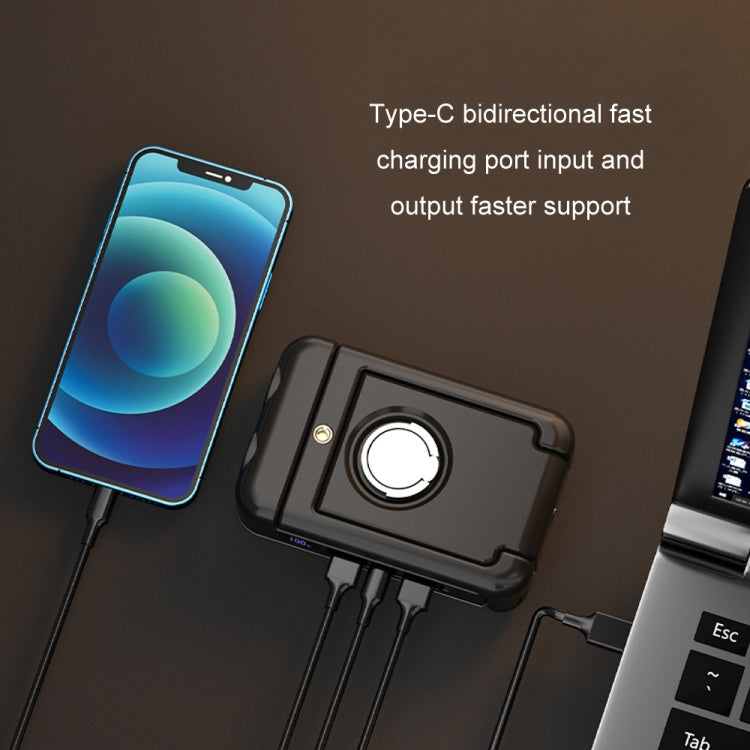 Type-C charging port with phone connected to rechargeable tent light, black housing