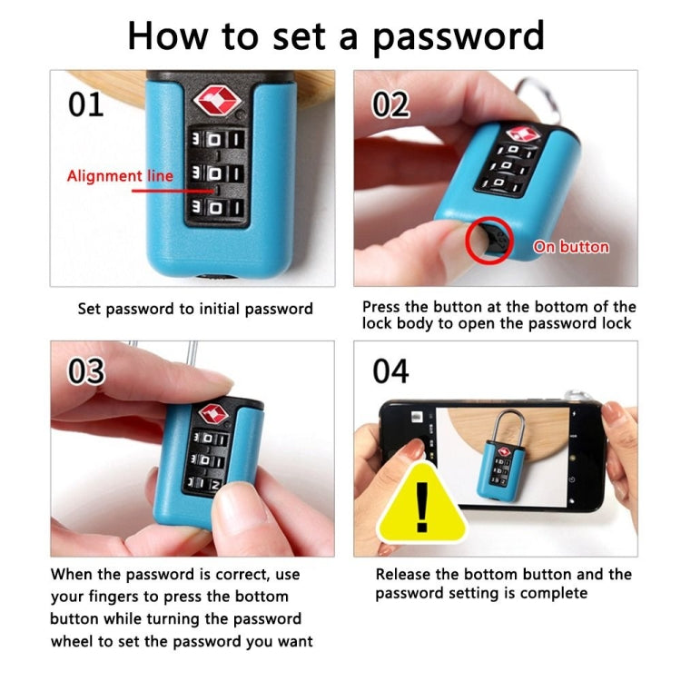 Blue mini combination padlock with numeric dial and reset button, shown in use steps