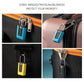 Mini combination padlock with number dial clipped to luggage zipper, teal, yellow, and black