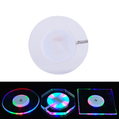 Round transparent LED acrylic coaster with white light, slim crystal base and on/off switch.