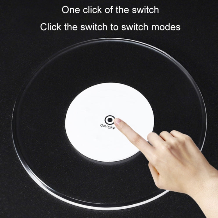 Round transparent LED acrylic coaster with white light, fingertip on on/off switch.