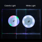 Pair of square transparent LED acrylic coasters showing colorful and white light modes.