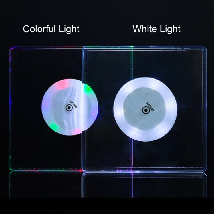 Pair of square transparent LED acrylic coasters showing colorful and white light modes.