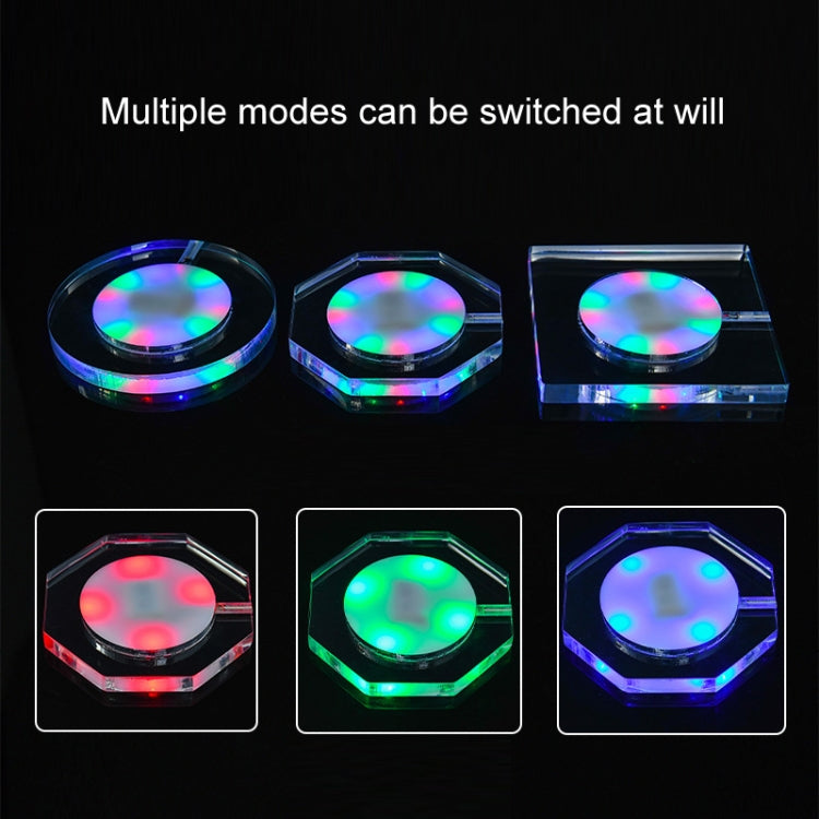 LED light-up acrylic coasters: round, octagonal, square, with colorful LED glow