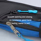 Blue zipper with matching cord puller and plastic slider tab close-up