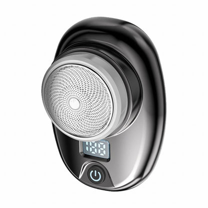 Black portable electric mini shaver with round foil head, power button, and LCD display