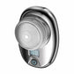 Silver and dark portable electric mini shaver with round foil head, power button, and LCD