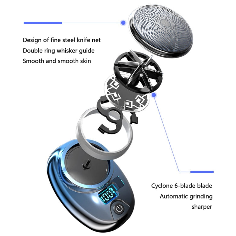Mini electric shaver with visible 6-blade cyclone mechanism and round foil head
