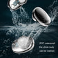 Black mini electric shaver with round foil head and LCD panel near water splash