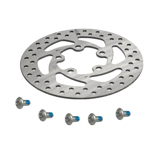 Silver 110mm disc brake rotor with five mounting screws, perforated brake plate