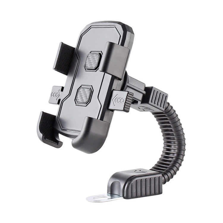 Mobile phone navigation bracket with spring clamp and flexible arm, dark gray/black