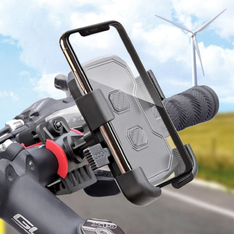 Motorcycle phone mount with gray case holder and spring clamp, phone secured