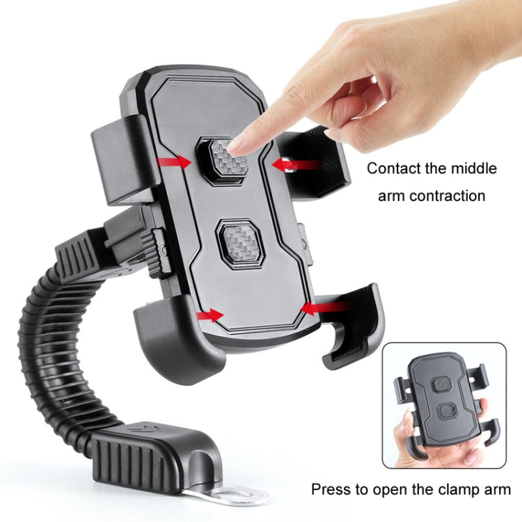 Mobile phone navigation bracket clamp with phone holder, hand pressing to open arm