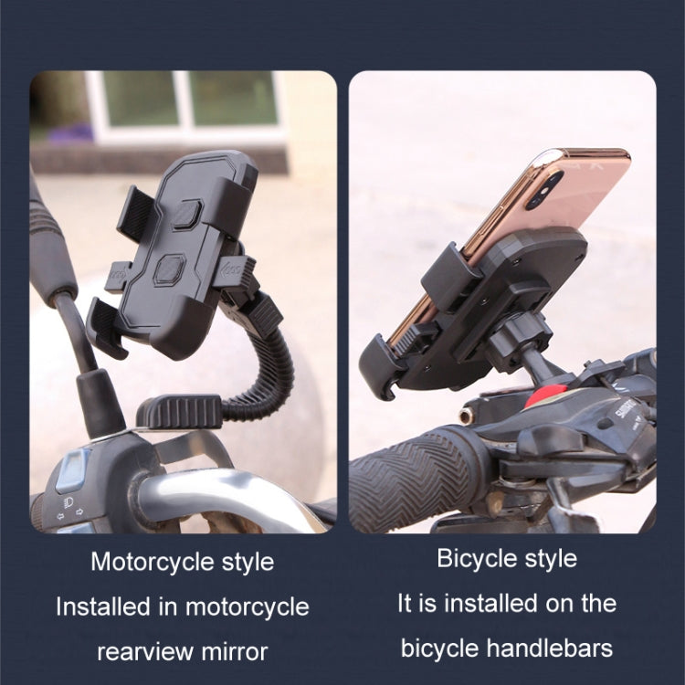 Mobile phone navigation bracket shown in motorcycle and bicycle clamp styles, dark gray/black