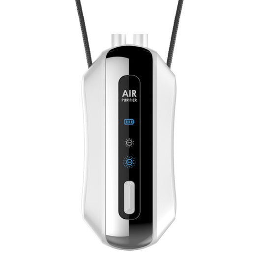 White hanging neck air purifier with rope, front control panel and air outlet