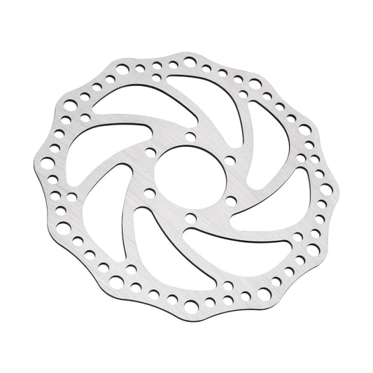 Six-hole disc brake rotor, silver metal round with perforated mounting holes