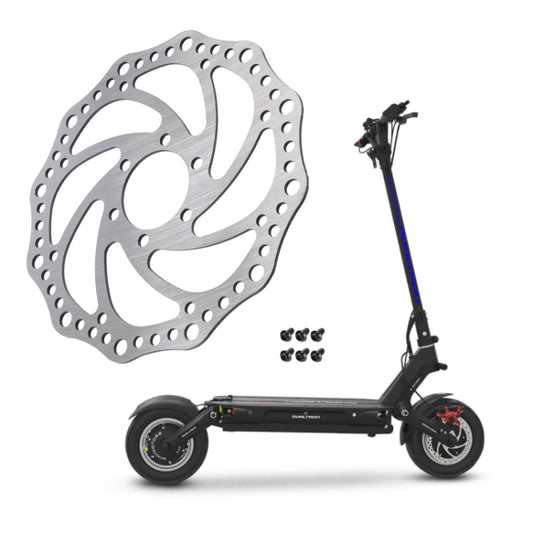 Six-hole disc brake rotor, silver metal, shown with electric scooter wheel