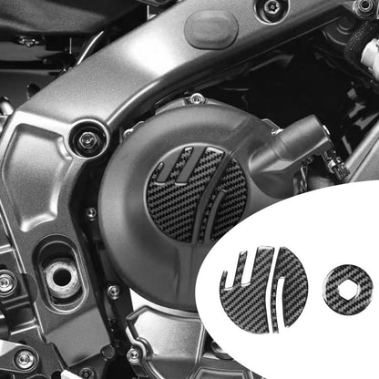 Engine cover decal set with black carbon-fiber pattern pieces and curved stripe stickers