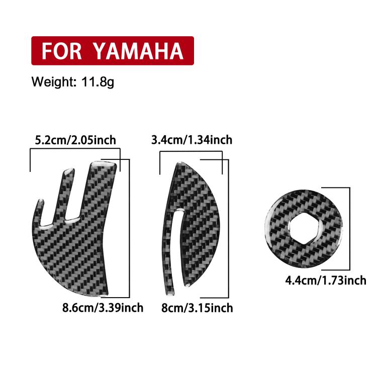 Sticker size guide for engine decals, showing three carbon-fiber pieces for Yamaha