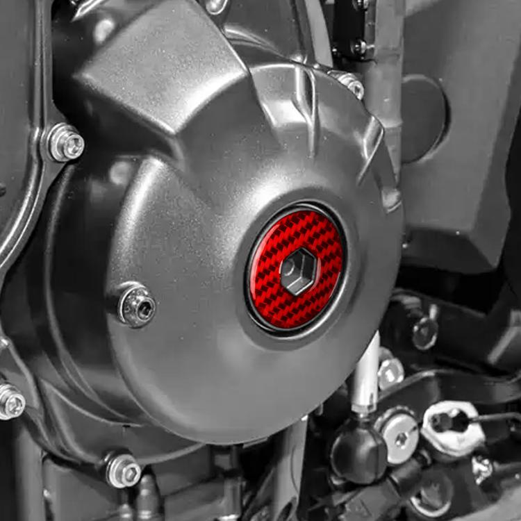 Round engine cover decal with red carbon-fiber weave and center hex cutout